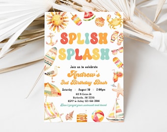Editable Splish Splash Birthday Invitation Pool Party Birthday Invitation Splash Pad Water Slide Paddling Pool Summer Party Invitation 0229
