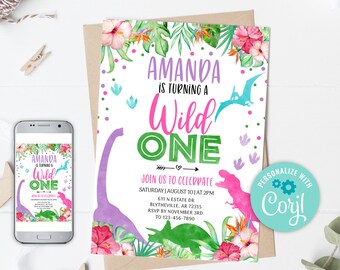 Editable Girl Dinosaur Birthday Invitation, Wild One Dino Party (0207)