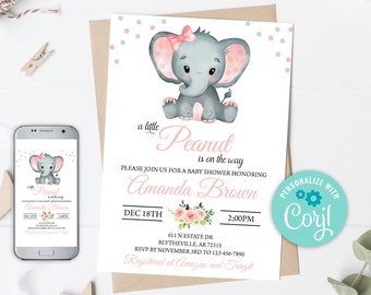 Redigerbar elefant babyshowerinbjudan, rosa jordnötstema