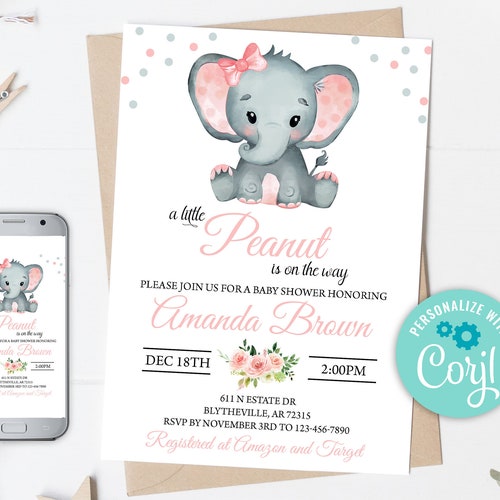 Editable Elephant Baby Shower Invitation.baby Elephant Girl Etsy