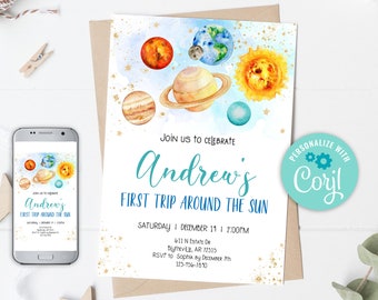 Editable Space First Birthday Party Invitation First Trip Around the Sun Galaxy  Moon Planets Birthday Invitation Outer Space Party 0142