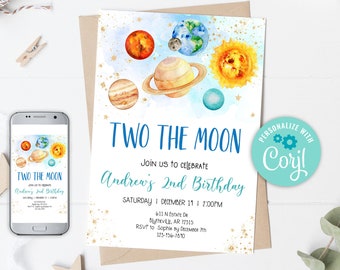 Editable Space Birthday Party Invitation Two The Moon Birthday Invitation Galaxy  Moon Planets Birthday Invitation Outer Space Party 0142