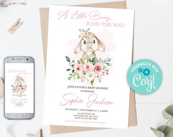 Bewerkbare Bunny baby shower uitnodiging Meisje Bunny baby shower uitnodiging Roze bloemen baby shower uitnodiging Roze Bunny uitnodiging 0146