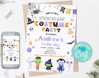 May include: A Halloween-themed invitation with the text "Spooktacular Costume Party" in orange and purple. The invitation features illustrations of Halloween characters, including a mummy, witch, vampire, and skeleton. A smartphone displays the same invitation.