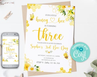 Editable 3rd Bee Birthday Invitation Bumble Bee Birthday Party 3rd Bee Day Honey Bee Birthday Invite Bee Invitation Sweet to Bee Three 0148