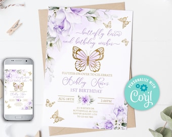 Invitación de cumpleaños de mariposa de oro púrpura editable Invitación de mariposa Invitación de jardín de mariposas florales Invitación de fiesta de mariposas 0164
