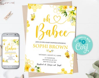 Bee Baby Shower Invitation, Yellow Floral (Editable Template)