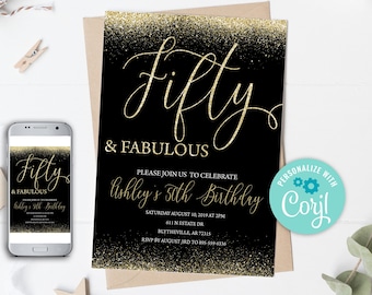 50th Birthday Invitation Fifty and Fabulous Adult Birthday Instant Download Gold Black Birthday Invitation Fifty Birthday Invitation 0171
