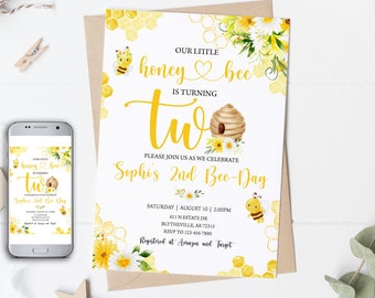 Editable 2nd Bee Birthday Invitation Bumble Bee Birthday Party 2nd Bee Day Honey Bee Birthday Invite Bee Invitation Sweet to Bee Two 0148