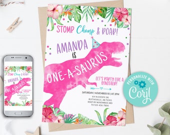 EDITABLE One-A-Saurus Dinosaur Birthday Invitation Pink Dino T-Rex Invitation Girl Dino Birthday invite Pink Dinosaur Party Invitation 0237
