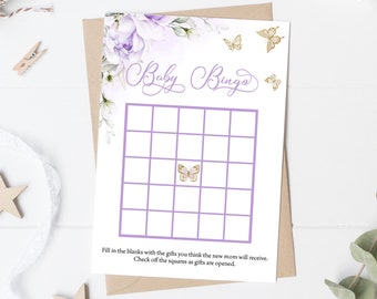 Butterfly Baby Shower Bingo Game, Purple Floral (Digital Download)