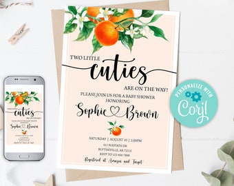 Twins Baby Shower Invitation, Orange Citrus Theme (Editable Template)