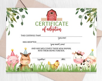Adopt ein Tier Adoption Zertifikat Bauernhof Tiere Adoption Bauernhof Geburtstag Printable Farm Adoption Zertifikat Barnyard Party 0106