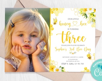 Editable Bee Birthday Invitation, 3rd Birthday Party (Digital Download)