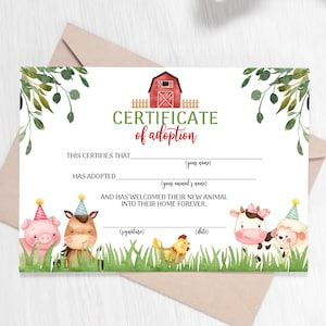 Adoptar un certificado de adopción de animales Adopción de animales de granja Cumpleaños de animales de granja Certificado de adopción de granja imprimible Fiesta de corral 0106