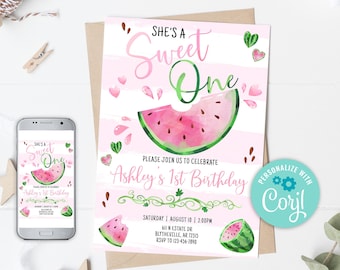 Editable Watermelon Invitation, Watermelon Sweet One Birthday Invitation, Pink Watermelon Party, Melon Sweet One Invitation 0118