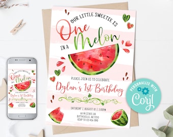 Editable Watermelon Invitation One in a Melon Invitation Red Watermelon Birthday Invitation One in a Melon 1st Birthday Invitation 0118