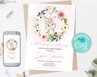 Bewerkbare Bunny baby shower uitnodiging Meisje Bunny baby shower uitnodiging Roze bloemen baby shower uitnodiging Roze Bunny uitnodiging 0146