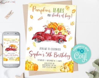 Pumpkin Truck Birthday Invitation, EDITABLE Pumpkin Birthday Invitation, Fall Pumpkin Birthday Party, Autumn Birthday Invitation 0126