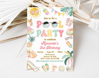 Editable Pool Party Invitation Girl Summer Party Invitation Tropical Splish Splash Girly Pool Party Invitation Summer Swimming Pool 0228