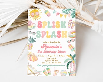 Editable Splish Splash Birthday Invitation Pool Party Birthday Invitation Girly Splash Pad Water Slide Paddling Pool Summer Party 0228