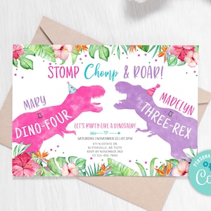 EDITABLE Dinosaur Double Birthday Party Invitation Twins Dino T-Rex Invitation Pink Purple Dinosaurs Joint Party Invitation 0207
