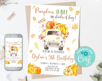 EDITABLE Pumpkin Birthday Invitation, Pumpkin Truck Birthday Invitation, Fall Pumpkin Birthday Party, Autumn Birthday Invitation 0126
