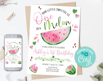 Watermelon Birthday Invitation One in a Melon 1st Birthday Invitation Editable Watermelon Invitation Pink Watermelon Party Invitation 0118