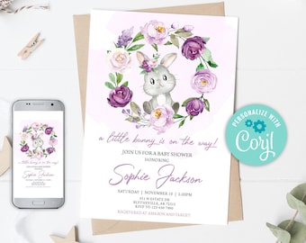 Editable Bunny Baby Shower Invitation Girl Bunny Baby Shower Invitation Purple Floral Baby Shower Invitation Lilac Bunny Invitation 0146