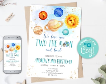 Editable Space Birthday Party Invitation Two The Moon Birthday Invitation Galaxy Moon Planets Birthday Invitation Outer Space Party 0142