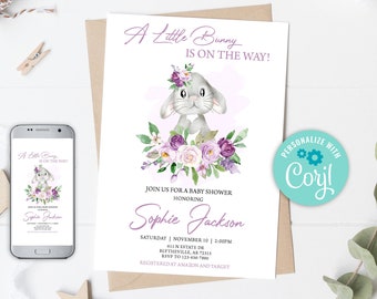 Editable Bunny Baby Shower Invitation Girl Bunny Baby Shower Invitation Purple Floral Baby Shower Invitation Lilac Bunny Invitation 0146