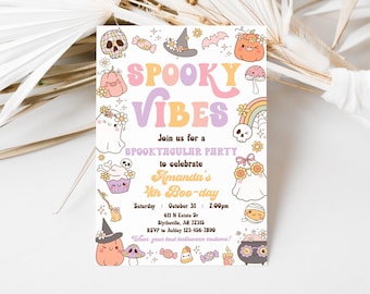 May include: A Halloween party invitation with the words "Spooky Vibes" in a retro font. The invitation features cute illustrations of ghosts, pumpkins, and other Halloween-themed graphics. The invitation is for Amanda's 4th Boo-day.