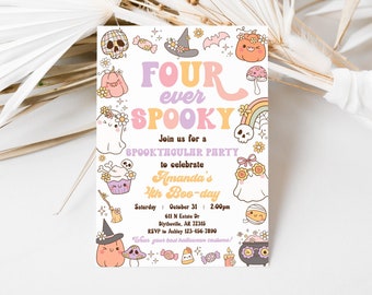 May include: A Halloween-themed invitation with the text "FOUR ever SPOOKY" in pastel colors. The invitation features cartoon illustrations of ghosts, pumpkins, and other spooky elements. The invitation is for Amanda's 4th Boo-day.