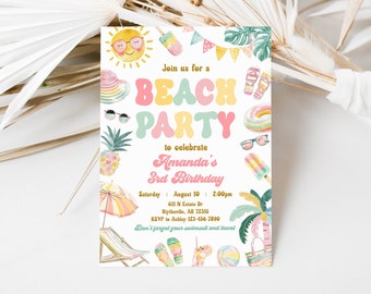 Editable Beach Birthday Party Invitation Girl Summer Party Invitation Tropical Splish Splash Girly Beach Party Invitation At The Beach 0228