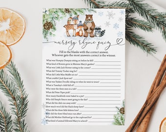 Winter Woodland Animals Nursery Rhyme Quiz Baby Shower Game Winter Woodland Baby Shower Game Winter Forest Animal Baby Shower Game 0190