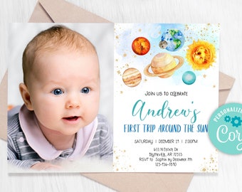 Editable Space First Birthday Party Invitation First Trip Around the Sun Galaxy  Moon Planets Birthday Invitation Outer Space Party 0142