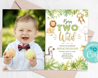 Editable Two Wild Birthday Invitation, Safari Jungle Animals (Digital)