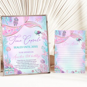 EDITABLE Mermaid Time Capsule and Matching Note Card Pink Mermaid Birthday Party Time Capsule Under The Sea Birthday Sign 0198