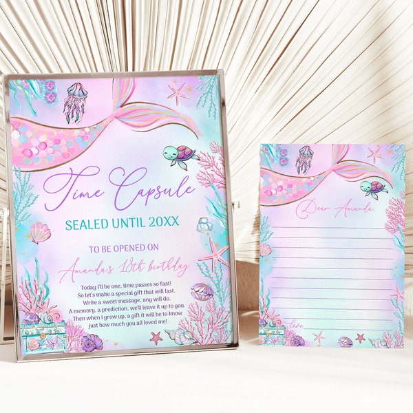 EDITABLE Mermaid Time Capsule and Matching Note Card Pink Mermaid Birthday Party Time Capsule Under The Sea Birthday Sign 0198