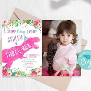 EDITABLE Three-Rex Dinosaur Birthday Invitation Girl Dino T-Rex Invitation  Third Birthday Dino Invite Pink Dinosaur Party Invitation 0237