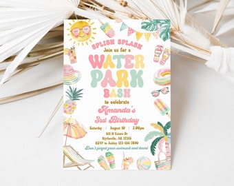 Può includere: Un invito rosa e blu per una festa di compleanno in un parco acquatico. L'invito presenta un sole sorridente, un ghiacciolo, un ananas, un ombrello da spiaggia, una sedia da spiaggia, un paio di infradito, un salvagente, un paio di occhiali da sole e una palla da spiaggia. Il testo sull'invito recita "Splish Splash Join us for a Water Park Bash to celebrate Amanda's 3rd Birthday Saturday August 10 2:00pm 611 N Estate Dr Blytheville, AR 72315 RSVP to Ashley 123-456-7890 Don't forget your swimsuit and towel"
