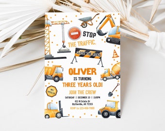 May include: A construction-themed birthday invitation with illustrations of construction vehicles and equipment. The invitation includes the text "OLIVER IS TURNING THREE YEARS OLD!" and event details.
