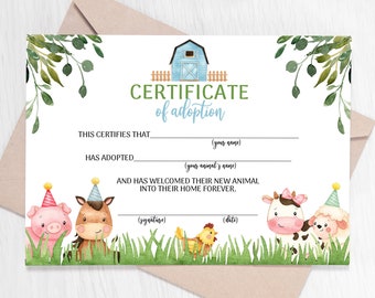 Adopt ein Tier Adoption Zertifikat Bauernhof Tiere Adoption Bauernhof Geburtstag Printable Farm Adoption Zertifikat Barnyard Party 0106
