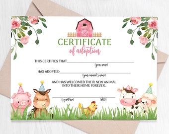 Adopt ein Tier Adoption Zertifikat Bauernhof Tiere Adoption Bauernhof Geburtstag Printable Farm Adoption Zertifikat Barnyard Party 0106