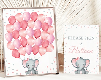 Panneau de livre d'or pour baby shower éléphant, ballons roses (téléchargement numérique)