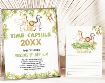 May include: A printable time capsule sign with a jungle theme. The sign features a giraffe, zebra, elephant, lion, and monkey. The sign says "Time Capsule 20XX To Be Opened On Andrew's 18th Birthday". There is a separate card that says "Dear Andrew, Love."