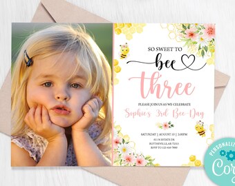 Editable Bee Birthday Invitation, 3rd Birthday Party (Digital Download)