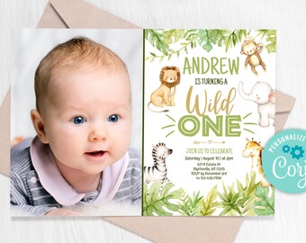 Wild One Safari Birthday Invitation, Jungle Animals (Editable Template)