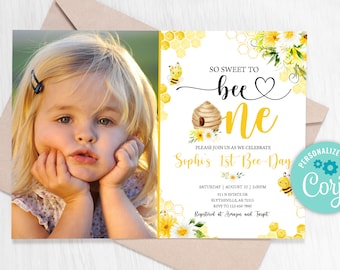 Editable Bee Birthday Invitation Bumble Bee Birthday Party First Bee-Day Honey Bee Birthday Invite Bee Invitation Sweet to Bee One 0148