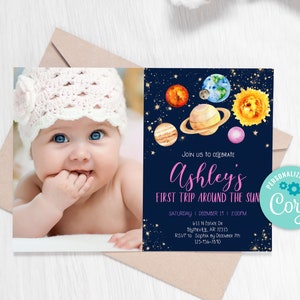 Editable Space First Birthday Party Invitation First Trip Around the Sun Galaxy  Moon Planets Birthday Invitation Outer Space Party 0142